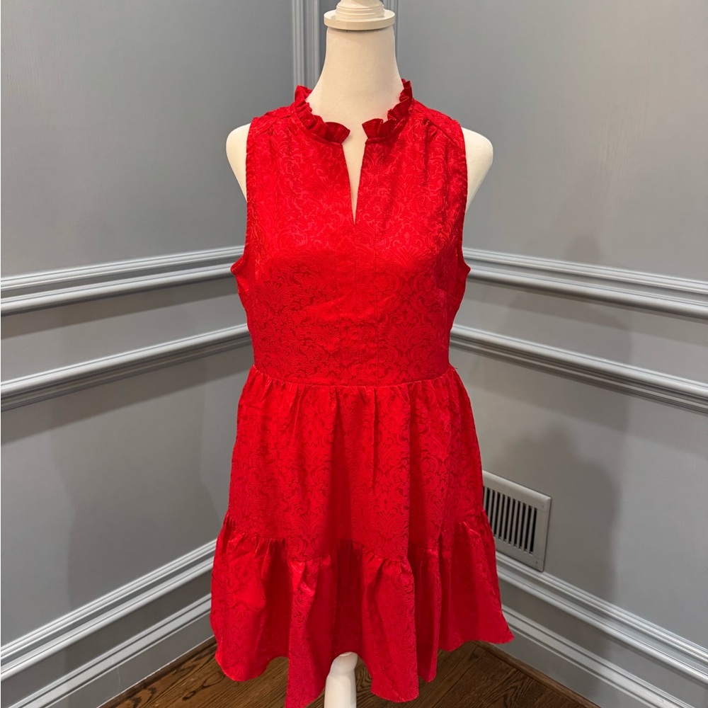 Avara Red Jacquard Ruffle Neck Sleeveless Dress NWT – Size Small